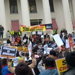 Lots of signs being held by people at rally